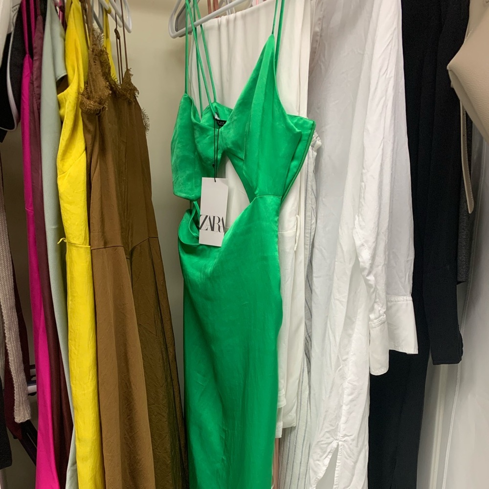 Worn once Zara Satin Asymmetric Midi Dress - Green - Picture 5 of 5